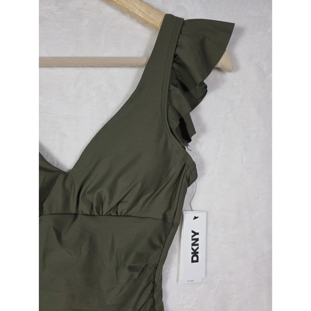 DKNY One Piece Swimsuit Women's Size S Olive Green Ruffle Tummy Control NWT $79 - Picture 4 of 10